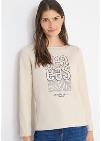 Langarmshirt Cecil, Damen, Gr. L (42), pearl beige, Sweatware, Obermaterial: 47% Baumwolle, 47% Polyester, 6% Elasthan, bestickt, normal, U-Boot-Ausschnitt, abgesteppt, Shirts Langarmshirt, modernes Front-Artwork mit Stickerei