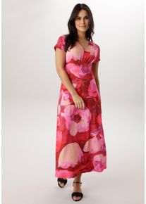 Midikleid Aniston SELECTED, Damen, Gr. 42, N-Gr, rot, rosa, pink, dunkelrot, beige, rost, lila, Single Jersey, Obermaterial: 95% Viskose, 5% Elasthan, bedruckt, gebl&uuml;mt, gemustert, figurumspielend wadenlang, V-Ausschnitt, Kleider Midikleid, mit Smok-Details und fantasievollem Bl&uuml;tendruck - NEUE KOLLEKTION