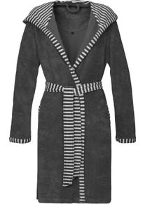 Damenbademantel Vossen "Juno, ideal f&uuml;r Sauna & Spa, Hotelbademantel, Morgenmantel" Gr. XL, grau (grafit), L:100cm, Nicki-Velours, Hausm&auml;ntel, Damenbademantel, mit Kapuze, gestreifte Akzente