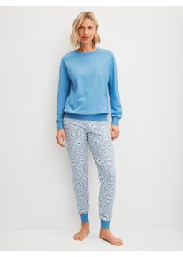 Schlafanzug Calida "Cotton Stripes", Damen, Gr. S (40/42), blau (riviera blau), Single Jersey, Obermaterial: 100% Baumwolle, bequem lang, Rundhals, angesetztes B&uuml;ndchen, Homewear-Sets Schlafanzug, Langarm, Rundhals-Ausschnitt, lockere Passform, Baumwolle