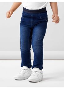 Jeansleggings name it "NMFSALLI SLIM SWE JEANS 1190-BO NOOS", M&auml;dchen, Gr. 116, N-Gr, blau (dunkelblau denim), Sweatware, Obermaterial: 95% Baumwolle, 5% Elasthan, kontrastfarbene Details, leichte Abriebeffekte, unifarben, slim fit lang, Jeans Jeansleggings