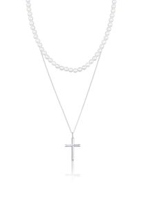 Kette mit Anh&auml;nger Kuzzoi "Halskette Muschelkernperlen Kreuz Klassik 2er Set 925 Silber" Gr. 45, silber, Halsketten, Herren, ohne Stein, Silber 925 (Sterlingsilber), Kette mit Anh&auml;nger