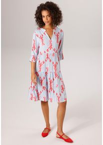 Tunikakleid Aniston CASUAL, Damen, Gr. 36, N-Gr, wei&szlig;, hellblau, rot, rosa, Web, Obermaterial: 100% Viskose, bedruckt, gestreift, l&auml;ssig geschnitten kniefrei, V-Ausschnitt, Volant, Kleider Tunikakleid, gestreift und mit Krebsen bedruckt - NEIUE KOLLEKTION, Topseller