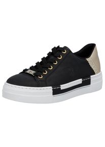 Plateausneaker Rieker, Damen, Gr. 37, schwarz (schwarz, goldfarben), Lederimitat, Schuhe Plateausneaker, mit Metallic-Fersenkappe, Freizeitschuh, Halbschuh, Schn&uuml;rschuh, Topseller