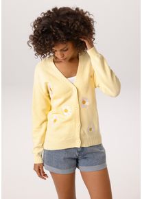Strickjacke Aniston CASUAL, Damen, Gr. 46, hellgelb, wei&szlig;, gelb, Feinstrick, Obermaterial: 100% Baumwolle, bestickt, gebl&uuml;mt, l&auml;ssig geschnitten h&uuml;ftlang, V-Ausschnitt, Strickb&uuml;ndchen, Strickjacken Strickjacke, mit aufgestickten Margeriten verziert, Topseller