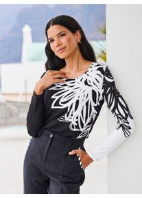 Langarmshirt Heine "Druck-Shirt", Damen, Gr. 48, schwarz, ecru, bedruckt, 95% Viskose, 5% Elasthan, bedruckt, gebl&uuml;mt, gemustert, mehrfarbig, Rundhals, Shirts Langarmshirt
