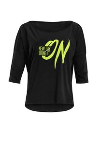 3/4-Arm-Shirt WINSHAPE "MCS001 ultra leicht", Damen, Gr. XL, schwarz (schwarz, glitzer neon gelb), 50% Modal, 50% Baumwolle, U-Boot-Ausschnitt, Shirts 3/4-Arm-Shirt, mit Neon gelbem Glitzer-Aufdruck