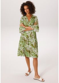 Tunikakleid Aniston CASUAL, Damen, Gr. 44, N-Gr, wollwei&szlig;, apfelgr&uuml;n, khaki, Web, Obermaterial: 100% Viskose, bedruckt, l&auml;ssig geschnitten knieumspielend, V-Ausschnitt, Volant, Kleider Tunikakleid, mit gro&szlig;fl&auml;chigen, tropischen Bl&auml;ttern bedruckt - NEUE KOLLEKTION, Topseller