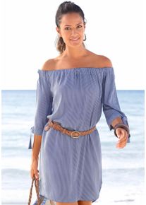 Blusenkleid Lascana, Damen, Gr. 44, N-Gr, blau (blau, wei&szlig;), Web, Obermaterial: 100% Viskose, gestreift, figurumspielend ca. Mitte Oberschenkel, Carmenausschnitt, Kleider Blusenkleid, mit Streifendruck und Carmenausschnitt, Sommerkleid, Strandkleid, Topseller