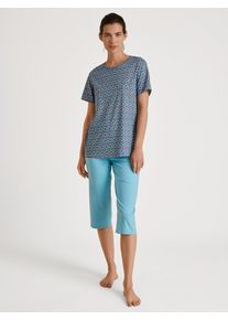 Capri-Pyjama Calida "Spring Nights", Damen, Gr. S (40/42), blau (blau topaz), Single Jersey, Obermaterial: 100% Baumwolle, gemustert, unifarben, loose fit 3/4-L&auml;nge, Rundhals, Homewear-Sets Capri-Pyjama, Rundhals, Kurzarm, Loose Fit, Pure Cotton, atmungsaktiv