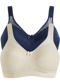 Entlastungs-BH bonprix, Damen, Gr. 80, Cup E, beige (sandbeige, dunkelblau), Obermaterial: 86% Polyamid, 14% Elasthan. Futter: 100% Baumwolle. Spitze: 87% Polyamid, 13% Elasthan, unifarben, BHs Entlastungs-BH, im praktischen 2er-Pack, mit breiten, gepolsterten Tr&auml;gern