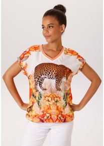 Shirtbluse Aniston CASUAL, Damen, Gr. 42, wollwei&szlig;, orange, gelb, rot, rosa, braun, khaki, gr&uuml;n, Cr&ecirc;pe, Obermaterial Vorderteil: 97% Polyester, 3% Elasthan. R&uuml;ckenteil: 95% Viskose, 5% Elasthan, bedruckt, figurumspielend h&uuml;ftbedeckend, V-Ausschnitt, Umschlagbund, Blusen Shirtbluse, mit Leopard, tropischen V&ouml;geln, Bl&uuml;ten und Bl&auml;ttern - NEUE KOLLEKTION