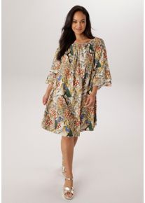 Blusenkleid ANISTON PLUS, Damen, Gr. 50, N-Gr, bunt, Web, Obermaterial: 100% Viskose, bedruckt, gemustert, figurumspielend kniebedeckend, Carmenausschnitt, Volant, Kleider Blusenkleid, mit Gummizug am Ausschnitt- NEUE KOLLEKTION