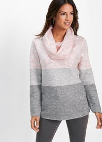 Rollkragenpullover bonprix "Rollkragenpullover", Damen, Gr. 40/42 (M), rosa (zartrosa, grau meliert gestreift), Obermaterial: 68% Polyacryl, 30% Polyester, 2% Elasthan, loose fit, Pullover Rollkragenpullover, mit Elasthan-Anteil, mit Wasserfallkragen, lockere Passform