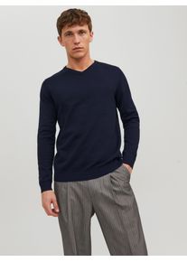 Jack & Jones V-Ausschnitt-Pullover JACK & JONES "JJEBASIC mit V-Ausschnitt, ideal f&uuml;r Herbst und Alltag", Herren, Gr. S, blau (navy blazer), Obermaterial: 100% Baumwolle, unifarben, schmal, V-Ausschnitt, Pullover V-Ausschnitt-Pullover, unifarben, modisch, slim fit, Baumwolle, V-Ausschnitt, Topseller
