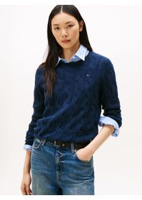 Strickpullover Tommy Hilfiger "SOFT WOOL CABLE C-NK", Damen, Gr. L (40), blau (schwarz night navy), Strick, Obermaterial: 100% Wolle, unifarben, normal, Rundhals, B&uuml;ndchen, Pullover Strickpullover, Wolle, mit Zopfmuster