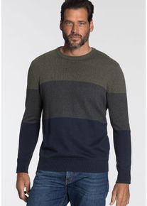 MAN'S WORLD Rundhalspullover MAN'S WORLD "Bis Gr&ouml;&szlig;e 5 XL", Herren, Gr. S (44/46), bunt (oliv dunkelblau), Strick, Obermaterial: 50% Baumwolle, 50% Polyacryl, normal, Rundhals, Rippstrickb&uuml;ndchen, Pullover Rundhalspullover, mit Blockstreifen, Topseller