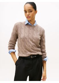 Strickpullover Tommy Hilfiger "SOFT WOOL CABLE C-NK", Damen, Gr. XXL (44), heatherot taupe, Strick, Obermaterial: 100% Wolle, unifarben, normal, Rundhals, B&uuml;ndchen, Pullover Strickpullover, Wolle, mit Zopfmuster