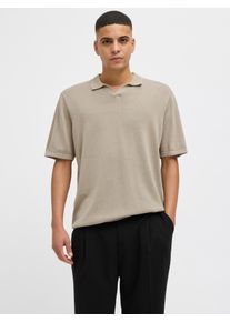 Jack & Jones Kurzarmpullover JACK & JONES "JJELEO KNIT POLO SS LN", Herren, Gr. M, beige (crockery), Strick, Obermaterial: 100% Baumwolle, unifarben, loose fit taillenbedeckt, ohne Ausschnitt, Pullover Kurzarmpullover, mit Polo Kragen