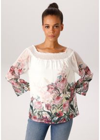 Schlupfbluse Aniston CASUAL, Damen, Gr. 42, wollwei&szlig;, gr&uuml;n, malve, beere, altrosa, bordeaux, elb, hellgr&uuml;n hellpetrol, rot, Cr&ecirc;pe, Obermaterial: 100% Polyester. Futter: 100% Polyester, bedruckt, gebl&uuml;mt, figurumspielend h&uuml;ftlang, Carmenausschnitt, Raglan&auml;rmel Smokb&uuml;ndchen, Blusen Schlupfbluse, mit bunten Blumen kunstvoll bedruckt - NEUE KOLLEKTION