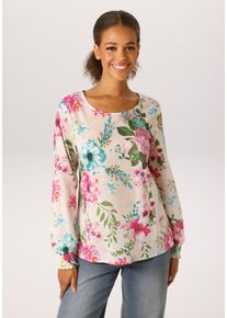 Schlupfbluse Aniston CASUAL, Damen, Gr. 46, bunt (sand, fuchsia, pink, rosa, t&uuml;rkis, gr&uuml;n, wei&szlig;, hellgr&uuml;n, taupe, gelb, orange), Web, Obermaterial: 100% Baumwolle, bedruckt, gebl&uuml;mt, l&auml;ssig geschnitten h&uuml;ftbedeckend, Rundhals, Smokb&uuml;ndchen mit Gummizug, Blusen Schlupfbluse, mit farbenfrohem Blumendruck - jedes Teil ein Unikat - NEUE KOLLEKTION