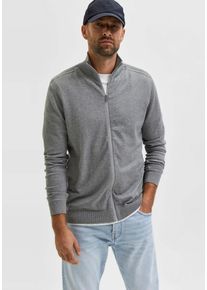 Strickjacke Selected "SLHBERG FULL ZIP CARDIGAN NOOS", Herren, Gr. M, grau (medium grau melange), Strick, Obermaterial: 100% Baumwolle, meliert, normal, hoch geschlossener Ausschnitt, Rippb&uuml;ndchen, Strickjacken Strickjacke