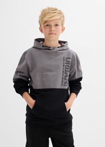 Kapuzensweatshirt bonprix "Hoodie aus reiner Baumwolle", Jungen, Gr. 140/146, grau (rauchgrau, schwarz bedruckt), Sweatware, Obermaterial: 100% Baumwolle, normal h&uuml;ftbedeckend, Rundhals, B&uuml;ndchen, Sweatshirts Kapuzensweatshirt, normale Passform, modernes Colorblocking-Design, aus Baumwolle