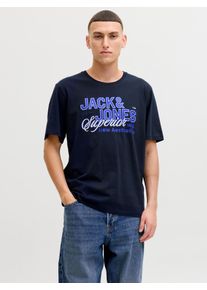 Jack & Jones Rundhalsshirt JACK & JONES "JJELOGO TEE SS O-NECK 2 COL SS26 SN", Herren, Gr. S, navy blazer, Jersey, Obermaterial: 100% Baumwolle, bedruckt, unifarben, Rundhals, Shirts Rundhalsshirt, mit Grafikprint
