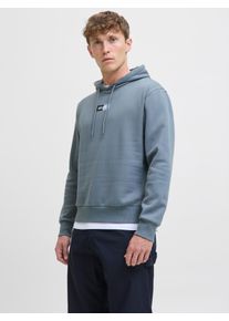 Jack & Jones Kapuzensweatshirt JACK & JONES "JJPAN SWEAT HOOD", Herren, Gr. M, grau (stormy weather), angeraute Sweatware, Obermaterial: 60% Baumwolle, 40% Polyester, bedruckt, regular fit, Rundhals, Rippb&uuml;ndchen, Sweatshirts Kapuzensweatshirt