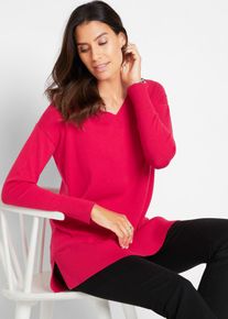 Longpullover bonprix "Long-Pullover", Damen, Gr. 36/38 (S), rot (granatrot), Obermaterial: 70% Baumwolle, 30% Polyamid, loose fit, V-Ausschnitt, Pullover Longpullover, aus Baumwolle und Polyamid, mit V-Ausschnitt, mit Seitenschlitzen