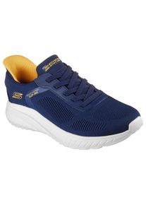 Slip-On Sneaker Skechers "BOBS SQUAD CHAOS-SOLID STEP", Damen, Gr. 47,5, blau (navy), Textil, Schuhe Slip-On Sneaker, Schlupfschuh, Slipper, Sneaker zum Schlupfen, Topseller