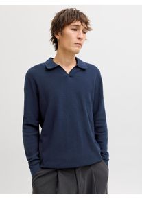Jack & Jones Polokragenpullover JACK & JONES "JPRBLURILEY KNIT SPLIT NECK LS SN", Herren, Gr. XS, sky captain, Strick, Obermaterial: 100% Baumwolle, unifarben, normal, V-Ausschnitt, Pullover Polokragenpullover