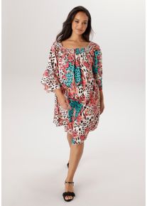 Blusenkleid ANISTON PLUS, Damen, Gr. 50, N-Gr, bunt, Web, Obermaterial: 100% Viskose, bedruckt, gemustert, figurumspielend kniebedeckend, Carmenausschnitt, Volant, Kleider Blusenkleid, mit Gummizug am Ausschnitt- NEUE KOLLEKTION