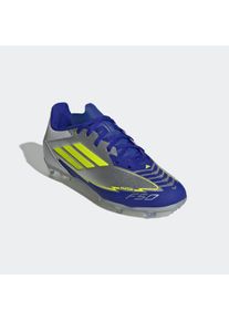 Fu&szlig;ballschuh adidas Performance "F50 LEAGUE MESSI KIDS FG/MG", Kinder, Gr. 38,5, gelb (silber metallic, solar gelb, lucid blau), Synthetik, Textil, Schuhe Fu&szlig;ballschuh, f&uuml;r Rasenpl&auml;tze, f&uuml;r Kinder & Jugendliche