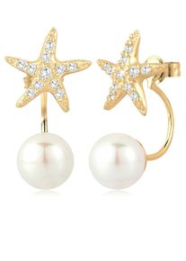 Paar Ohrstecker Elli "Ohrringe Ohrstecker Perlen Seestern Zirkonia Wei&szlig; 925 Sterling Silber vergoldet" Gr. 30, wei&szlig;, Ohrringe, Damen, ohne Stein, Silber 925 (Sterlingsilber), Paar Ohrstecker