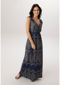 Sommerkleid Aniston SELECTED, Damen, Gr. 38, N-Gr, blau (marine, camel), Single Jersey, Obermaterial: 95% Viskose, 5% Elasthan, bedruckt, gemustert, figurumspielend, V-Ausschnitt, Kleider Sommerkleid, mit breiten Tr&auml;gern zum Raffen - NEUE KOLLEKTION, Topseller