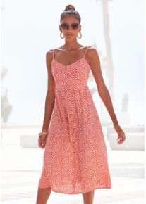 Sommerkleid Lascana, Damen, Gr. 36, N-Gr, rot (rot, creme, bedruckt), Web, Obermaterial: 58% Viskose, 28% Baumwolle, 14% Leinen, bedruckt, figurumspielend ca. Mitte Wade, V-Ausschnitt, Kleider Sommerkleid, aus Leinenmix, Midikleid, Strandkleid, Druckkleid, Topseller