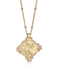 Silberkette HAZE & GLORY "Halskette Pl&auml;ttchen Synthetischer Saphir Pink 925 Sterling Silber vergoldet" Gr. 45, gold, Halsketten, Damen, mit Stein, Silber 925 (Sterlingsilber), Silberkette