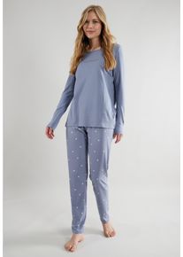 Schlafanzug Tom Tailor "Charlotte", Damen, Gr. 46 (XXXL), blau (blau, mittel, punkte), Obermaterial: 100% Baumwolle, gepunktet, bequem normal, Rundhals, gerader Abschluss, Homewear-Sets Schlafanzug, Langarm, Rundhalsausschnitt, gepunktet, basic, Baumwolle