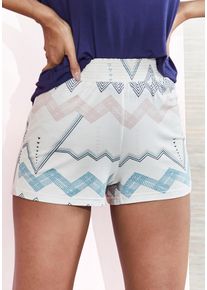 Pyjamashorts Lascana, Damen, Gr. 44/46, N-Gr, beige (beige, allover), Single Jersey, Obermaterial: 95% Viskose, 5% Elasthan, bedruckt, gemustert, bequem kurz, Hosen Pyjamashorts, mit grafischem Zick-Zack Muster