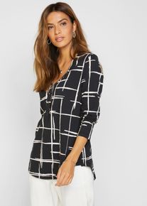 Blusenshirt bonprix, Damen, Gr. 52/54 (XXL), schwarz (schwarz, wei&szlig;), Obermaterial: 95% Baumwolle, 5% Elasthan, figurumspielend, Shirts Blusenshirt, figurumspielende Passform, Longshirt-Design, mit gerundetem Saum