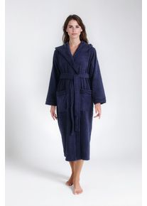 Damenbademantel Bruno Banani "Clement, ideal f&uuml;r Sauna & Spa, Hotelbademantel, Morgenmantel" Gr. XL, blau (marine), L:125cm, Baumwolle, Hausm&auml;ntel, Damenbademantel, 100% Baumwolle, einfarbig, gl&auml;nzende Streifen-Bord&uuml;re, Taschen, XS-3XL