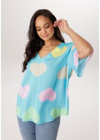 Schlupfbluse ANISTON PLUS, Damen, Gr. 52, t&uuml;rkis, beige, gr&uuml;n, gelb, rose, Web, Obermaterial: 100% Viskose, bedruckt, gemustert, figurumspielend taillenbedeckt, V-Ausschnitt, weit, Blusen Schlupfbluse, mit farbigen Herzen bedruckt- jedes Teil ein Unikat - NEUE KOLLEKTION, Topseller