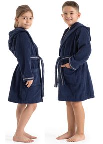 Kinderbademantel Bruno Banani "Danny, Ideal f&uuml;r Zuhause, Schwimmbad oder im Urlaub" Gr. 128, blau (marine), L:84cm, Walkfrottee, Hausm&auml;ntel, Kinderbademantel, mit Logostreifen, aus 100% Baumwolle