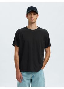 Kurzarmshirt Selected "SLHASPEN SLUB SS O-NECK", Herren, Gr. L, schwarz, Obermaterial: 100% Baumwolle, Basic, Basic, Rundhals, Shirts Kurzarmshirt