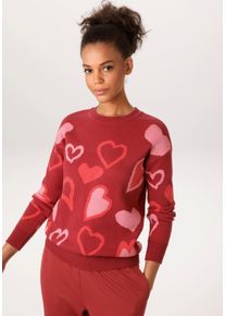 Strickpullover Aniston CASUAL, Damen, Gr. 38, rot (dunkelrot, rosa, rot), Strick, Obermaterial: 50% Viskose, 28% Polyester, 22% Polyamid, Jacquardmuster, figurumspielend h&uuml;ftlang, Rundhals, Rippstrickb&uuml;ndchen, Pullover Strickpullover, mit eingestrickten, grafischen Herzen - NEUE KOLLEKTION