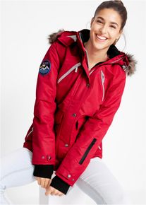 Funktionsjacke bonprix "wasserdichte Funktions-Jacke", Damen, Gr. 50, rot (dunkelrot), Obermaterial: 100% Polyester. Futter: 100% Polyester. &Auml;rmelfutter: 100% Polyester, unifarben mit Farbeins&auml;tzen, regular fit, Jacken Funktionsjacke, Regular Fit, wasserdicht, mit abnehmbarer Kapuze mit Fellimitat