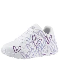 Sneaker Skechers "UNO LITE - SPREAD THE WORLD", M&auml;dchen, Gr. 27, lila (wei&szlig;, lila), Synthetik, Schuhe Sneaker, Schn&uuml;rschuh mit s&uuml;&szlig;em herzchen Print, Gr&ouml;&szlig;enschablone zum Download, Topseller