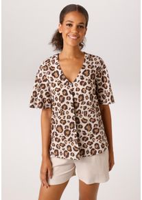 Schlupfbluse Aniston CASUAL, Damen, Gr. 40, ecru, dunkelbraun, beige, Web, Obermaterial: 100% Baumwolle, bedruckt, gemustert, figurumspielend h&uuml;ftlang, V-Ausschnitt, weit, Blusen Schlupfbluse, im farbharmonischen Leoprint - jedes Teil ein Unikat - NEUE KOLLEKTION