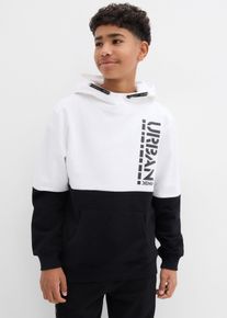 Kapuzensweatshirt bonprix "Hoodie aus reiner Baumwolle", Jungen, Gr. 176/182, wei&szlig; (wei&szlig;, schwarz bedruckt), Sweatware, Obermaterial: 100% Baumwolle, normal h&uuml;ftbedeckend, Rundhals, B&uuml;ndchen, Sweatshirts Kapuzensweatshirt, normale Passform, modernes Colorblocking-Design, aus Baumwolle